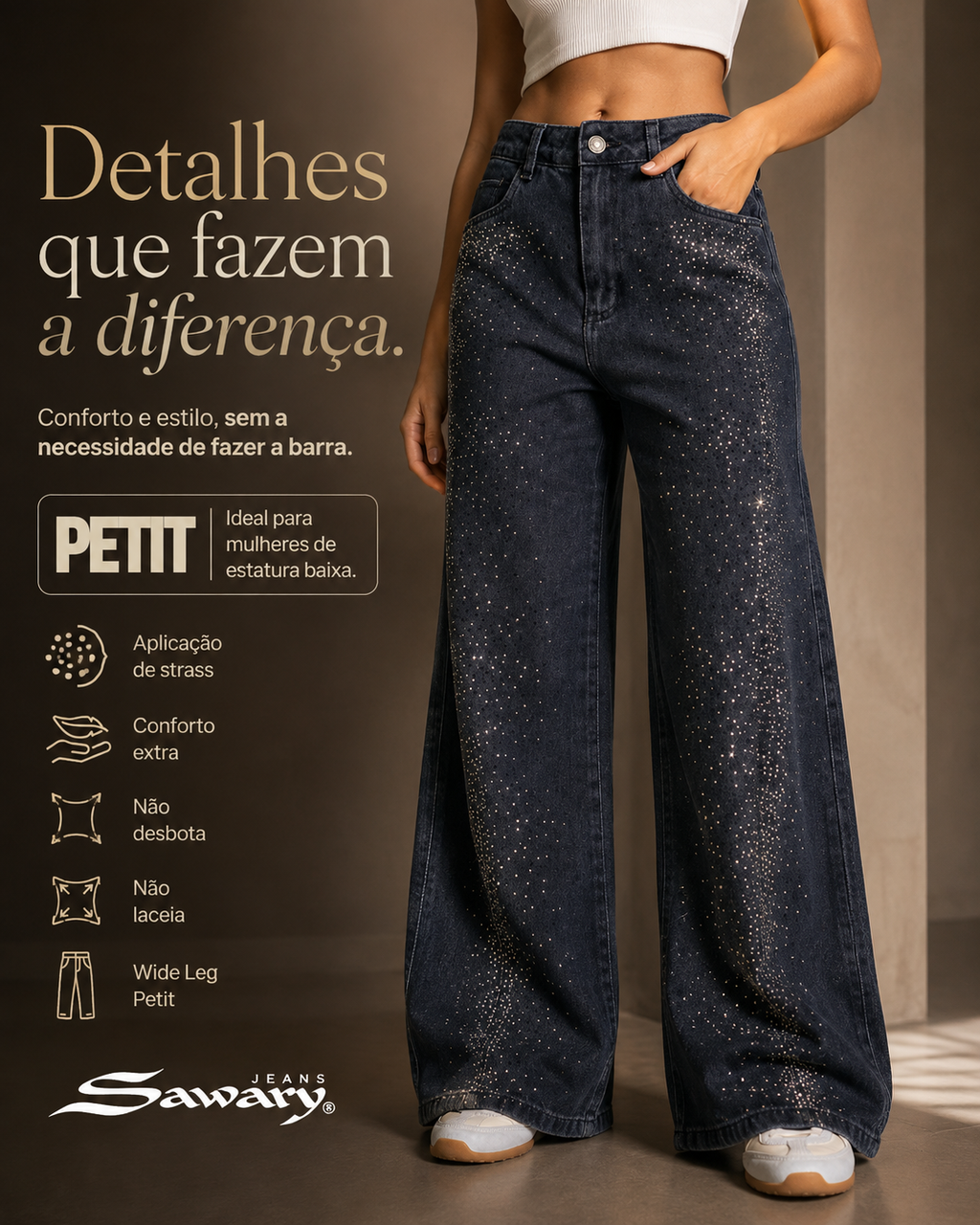 Calça Jeans Sawary Wide Leg Petit Brilho - 283313 (No Lycra)