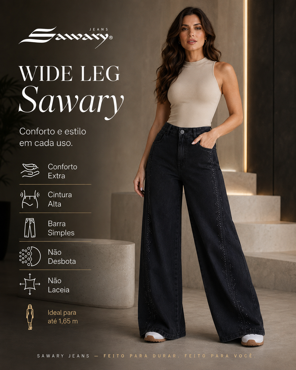 Calça Jeans Sawary Wide Leg Petit Brilho - 283571 (No Lycra)
