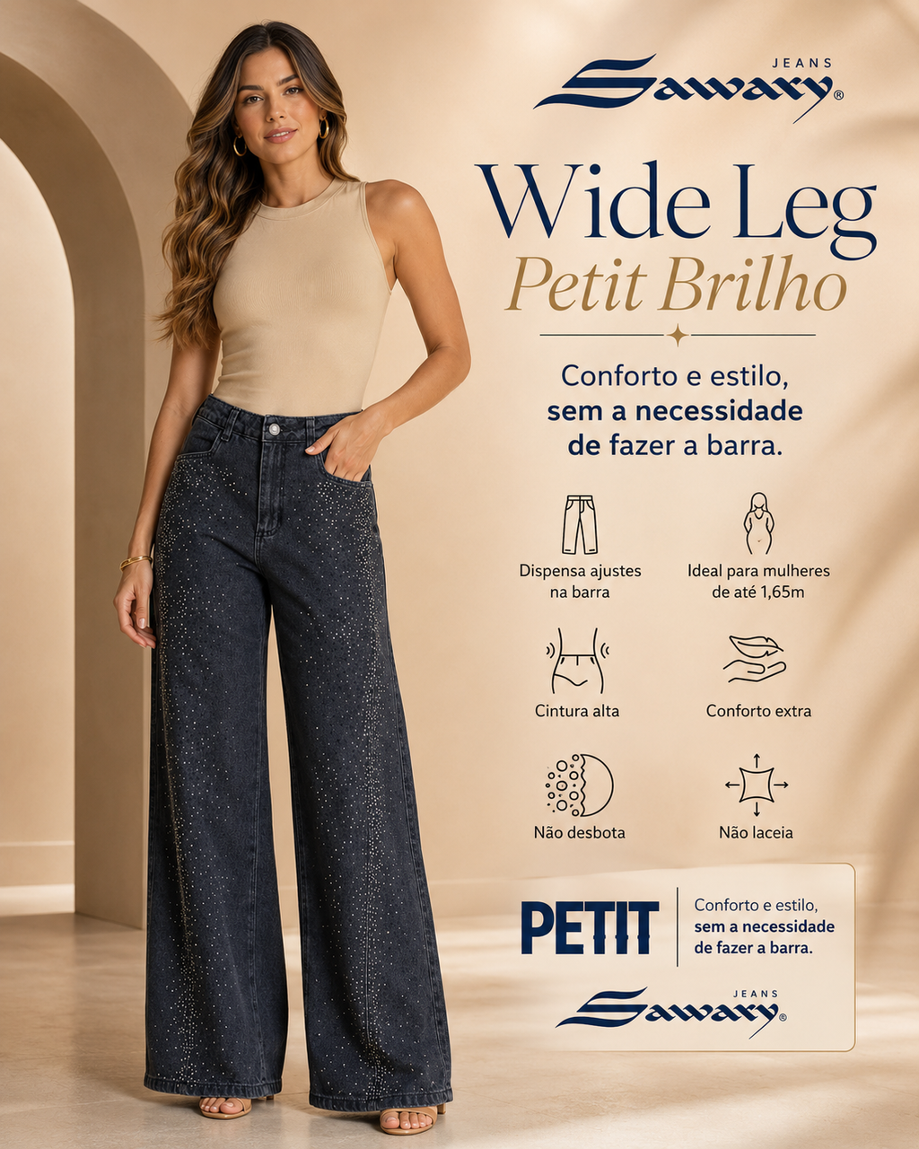 Calça Jeans Sawary Wide Leg Petit Brilho - 283313 (No Lycra)