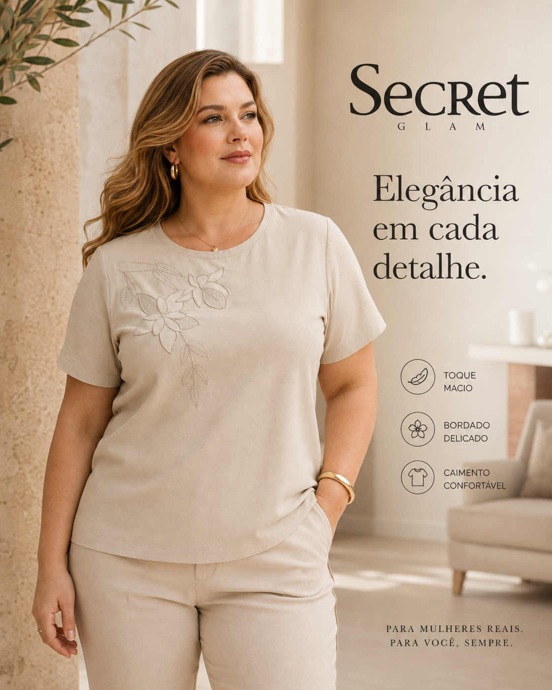 Blusa Feminina Manga Curta Com Bordado Secret Glam Bege