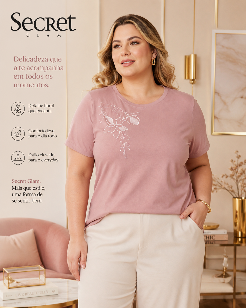 Blusa Feminina Manga Curta Com Bordado Secret Glam Rosa