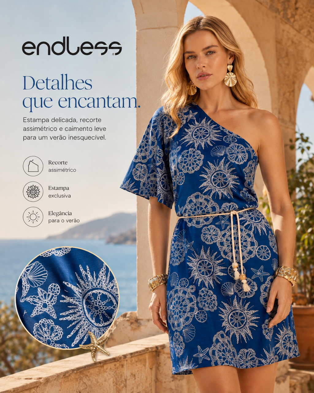 Vestido Feminino Assimetrico Com Cinto Endless Azul