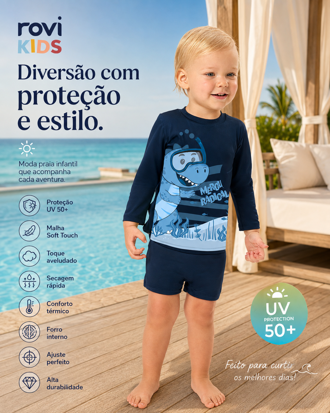 Conjunto Camiseta Manga Longa E Sunga UV Rovi Kids