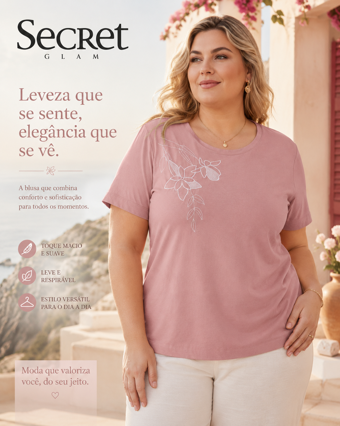 Blusa Feminina Manga Curta Com Bordado Secret Glam Rosa