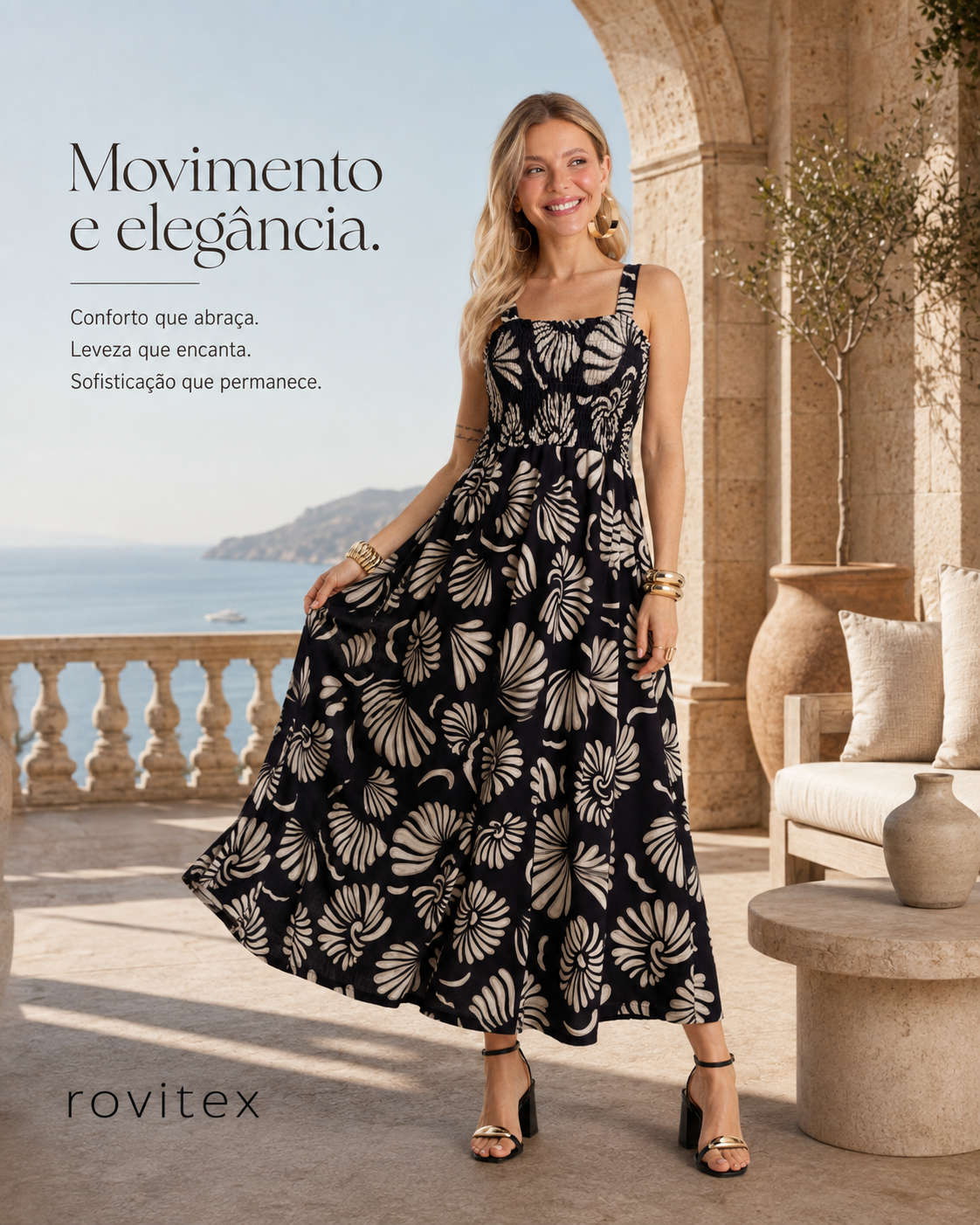 Vestido tido Midi Feminino Meia Malha Estampado Rovitex 6177025