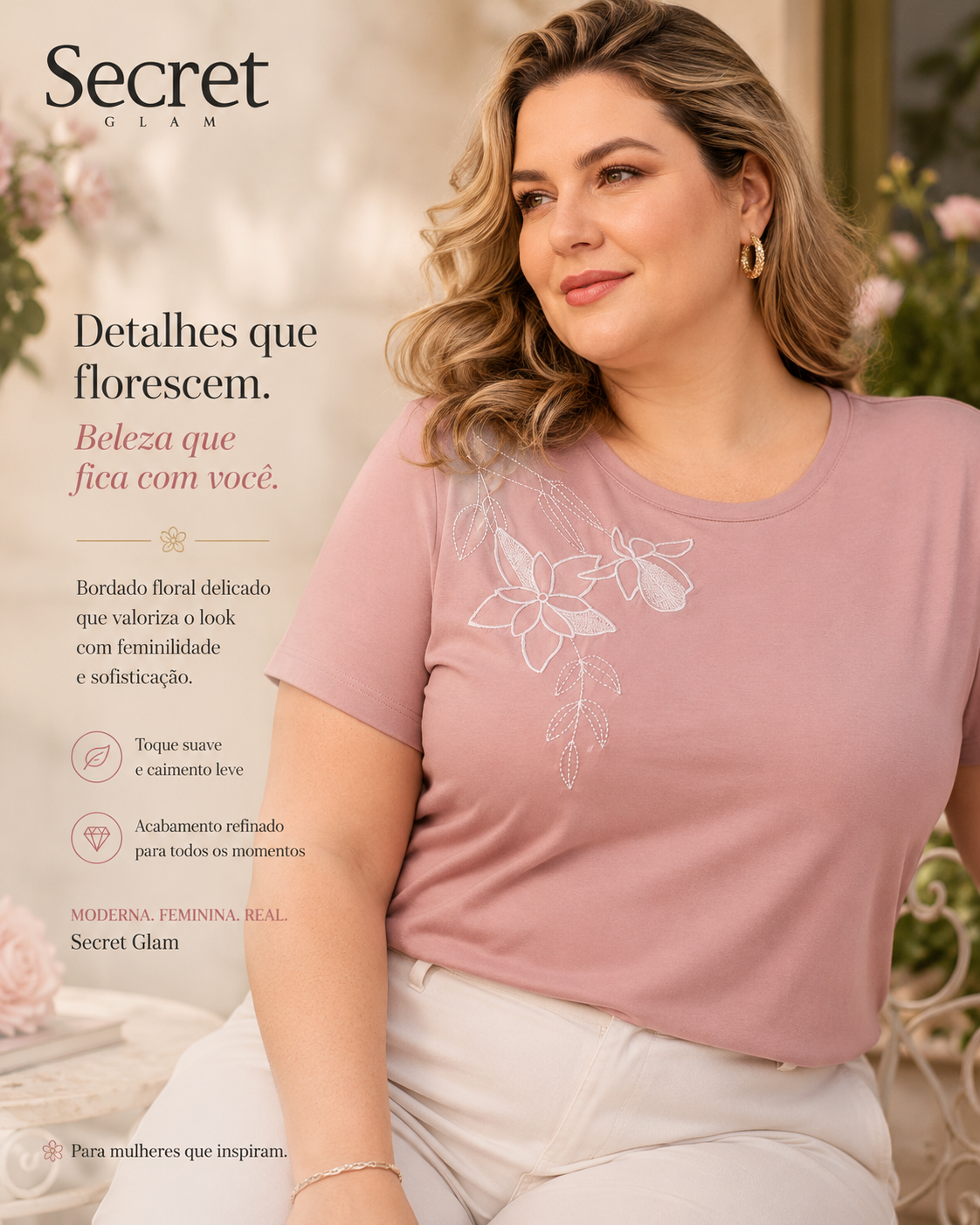 Blusa Feminina Manga Curta Com Bordado Secret Glam Rosa
