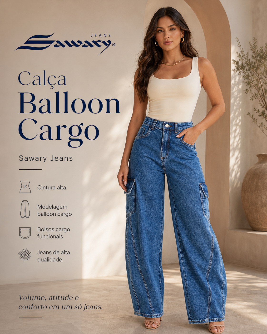 Calça Jeans Sawary Balloon Cargo - 283231 (No Lycra)