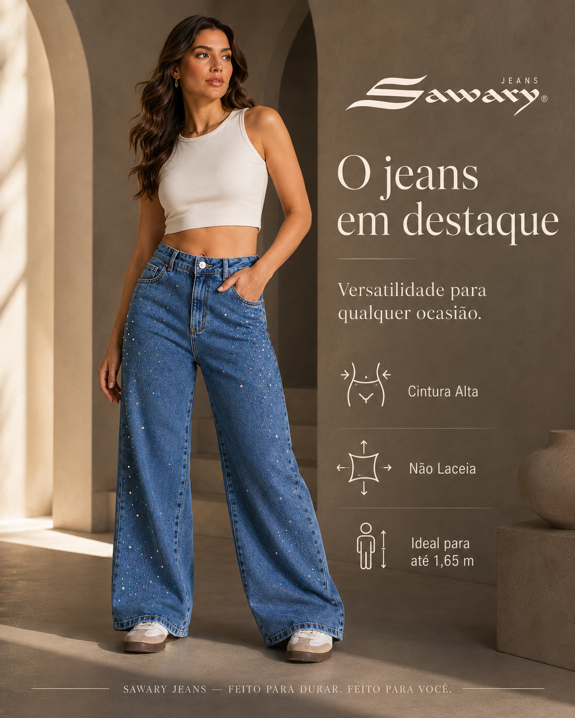 Calça Jeans Sawary Wide Leg Petit Brilho - 283723 (No Lycra)