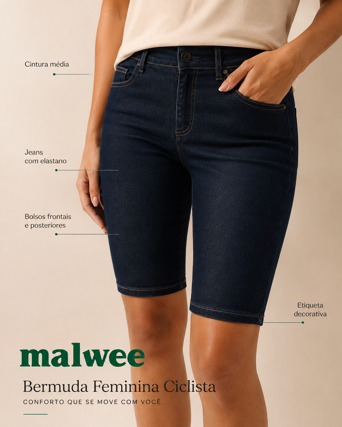 Bermuda Feminina Ciclista Cintura Média Em Jeans Com Elastano 1000125724