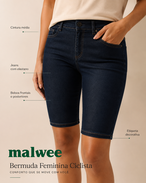 Bermuda Feminina Ciclista Cintura Média Em Jeans Com Elastano 1000125724