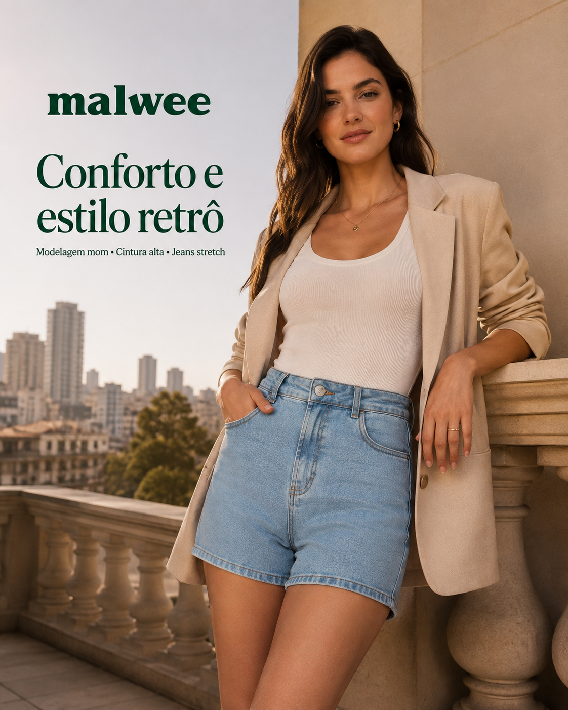 Shorts Feminino Mom Cintura Alta Bolso Funcional Em Jeans Stretch - ENFIM 1000129793