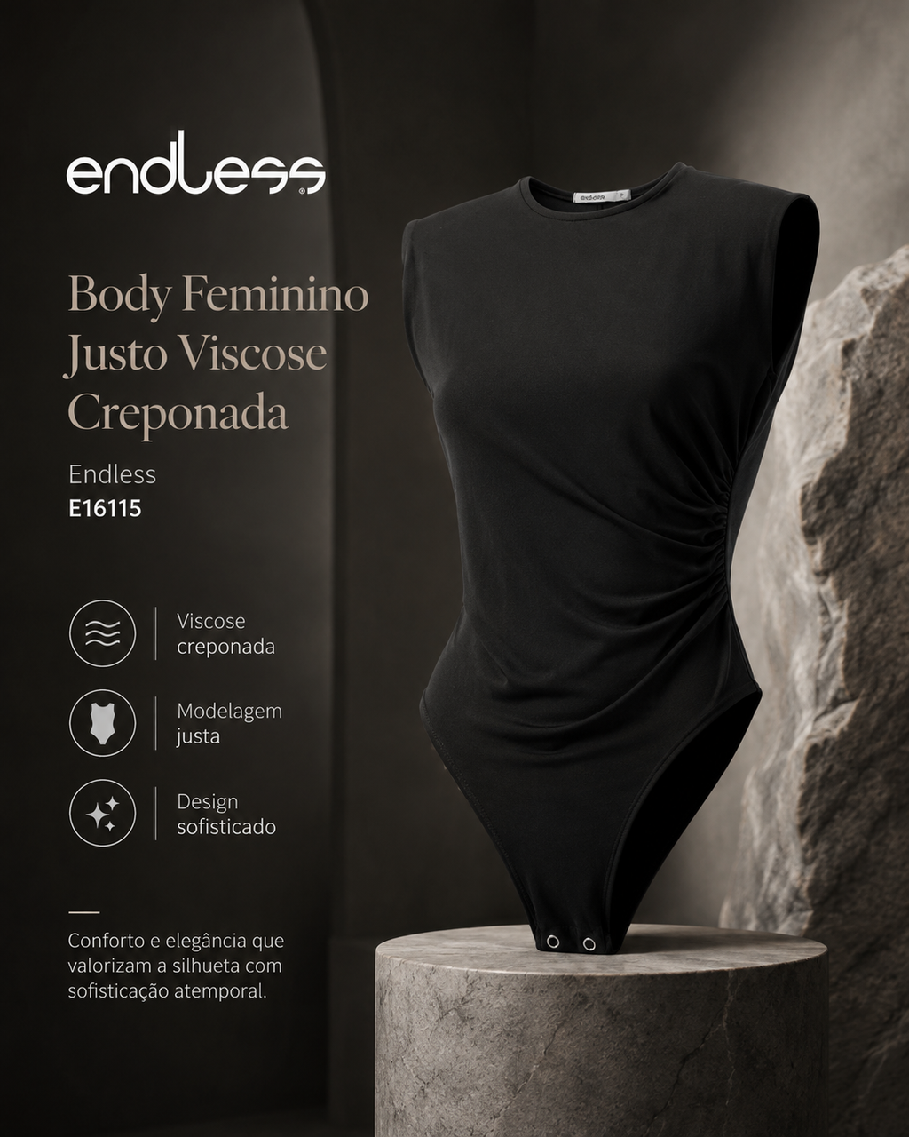 Body Feminino Justo Vicose Creponada Endless E16115
