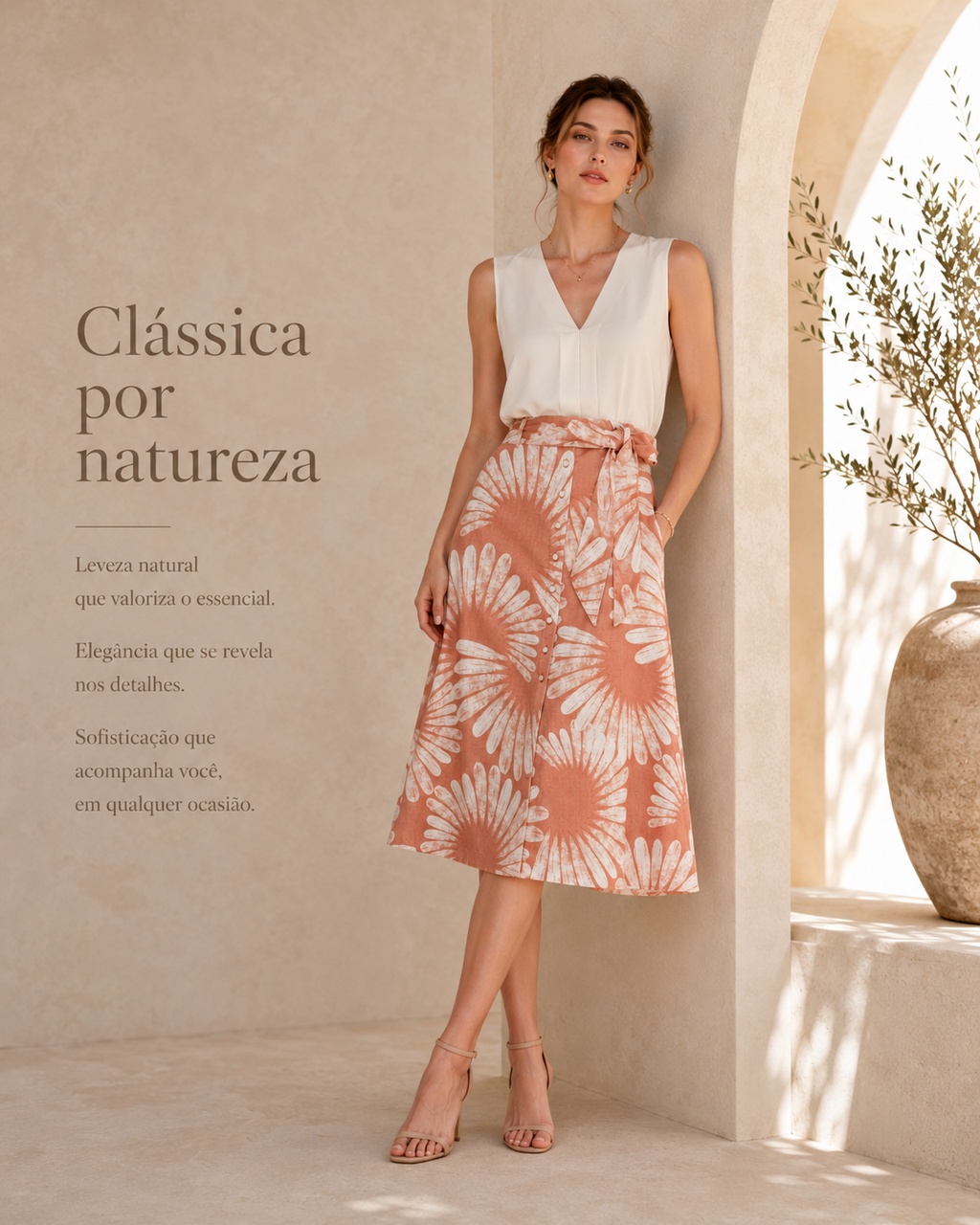 Saia Feminina Midi Evasê Linho Estampada Endless E16040