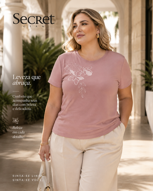 Blusa Feminina Manga Curta Com Bordado Secret Glam Rosa