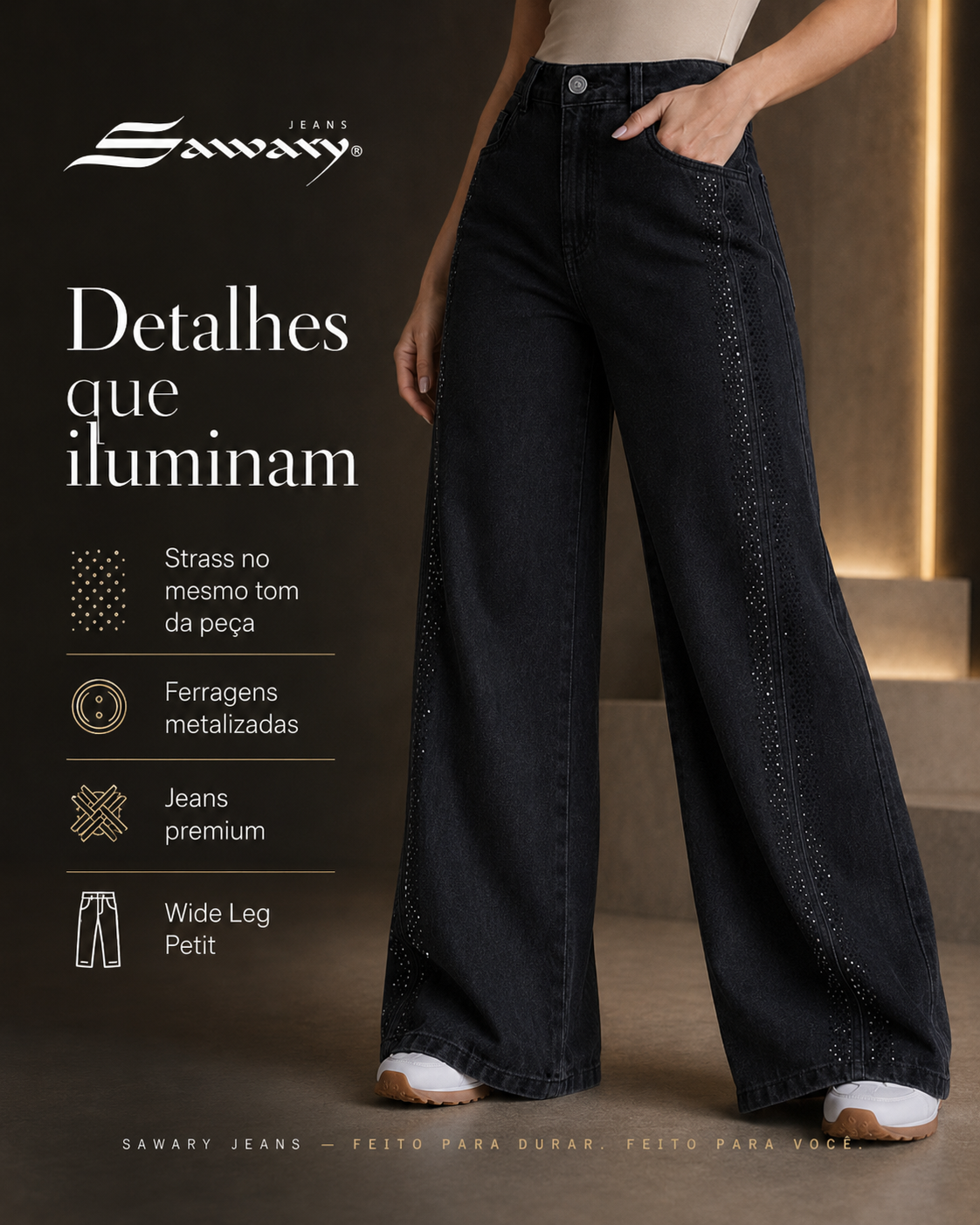 Calça Jeans Sawary Wide Leg Petit Brilho - 283571 (No Lycra)