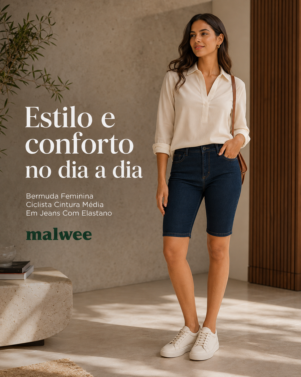 Bermuda Feminina Ciclista Cintura Média Em Jeans Com Elastano 1000125724