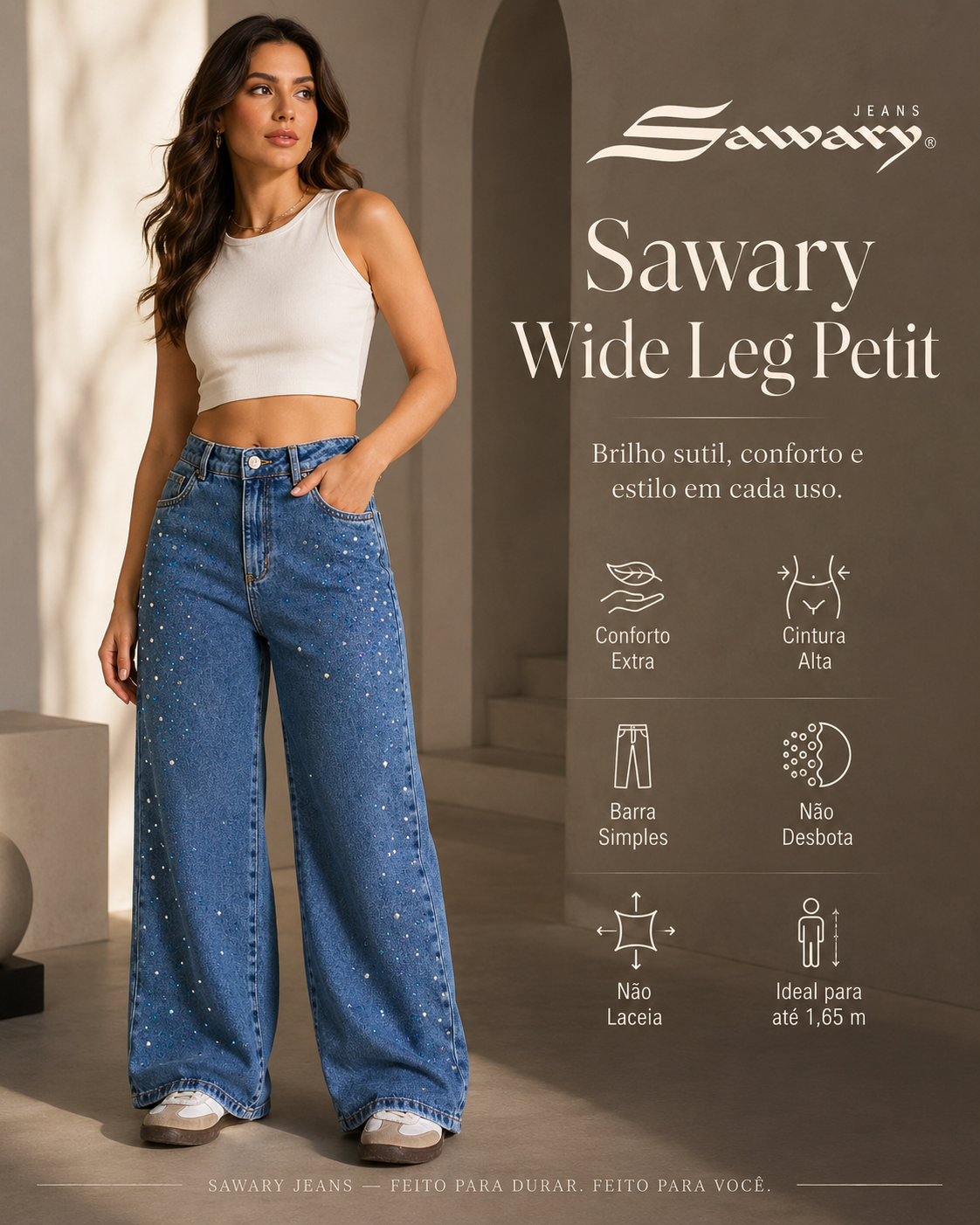 Calça Jeans Sawary Wide Leg Petit Brilho - 283723 (No Lycra)