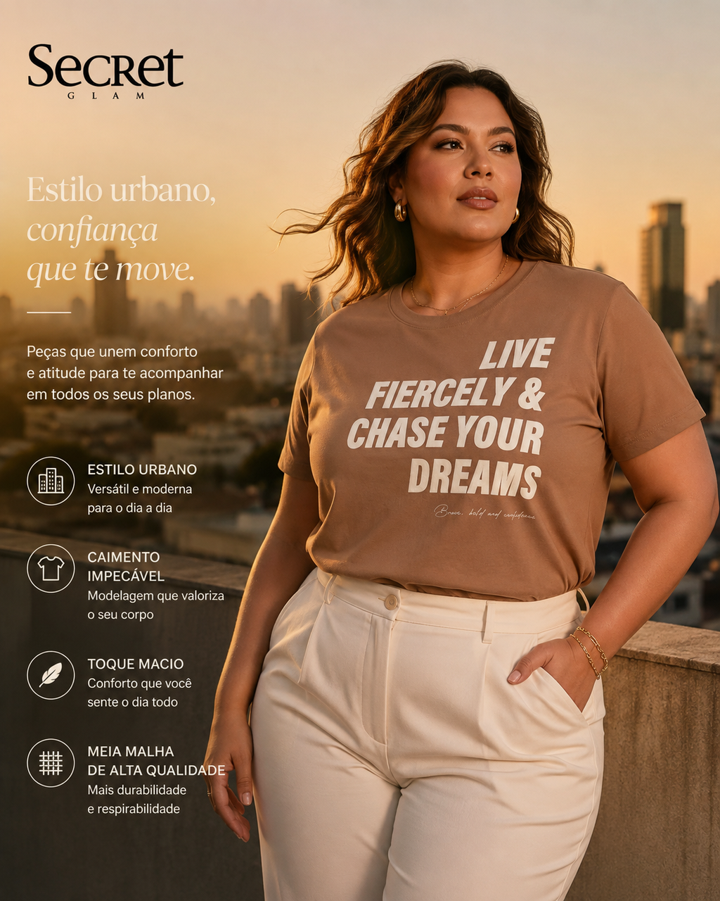 T-Shirt Feminina E Estampa Meia Malha Secret Glam S02123