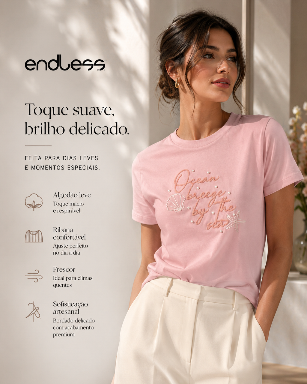 T-Shirt Feminina Com Rebite e Bordado Endless E16099