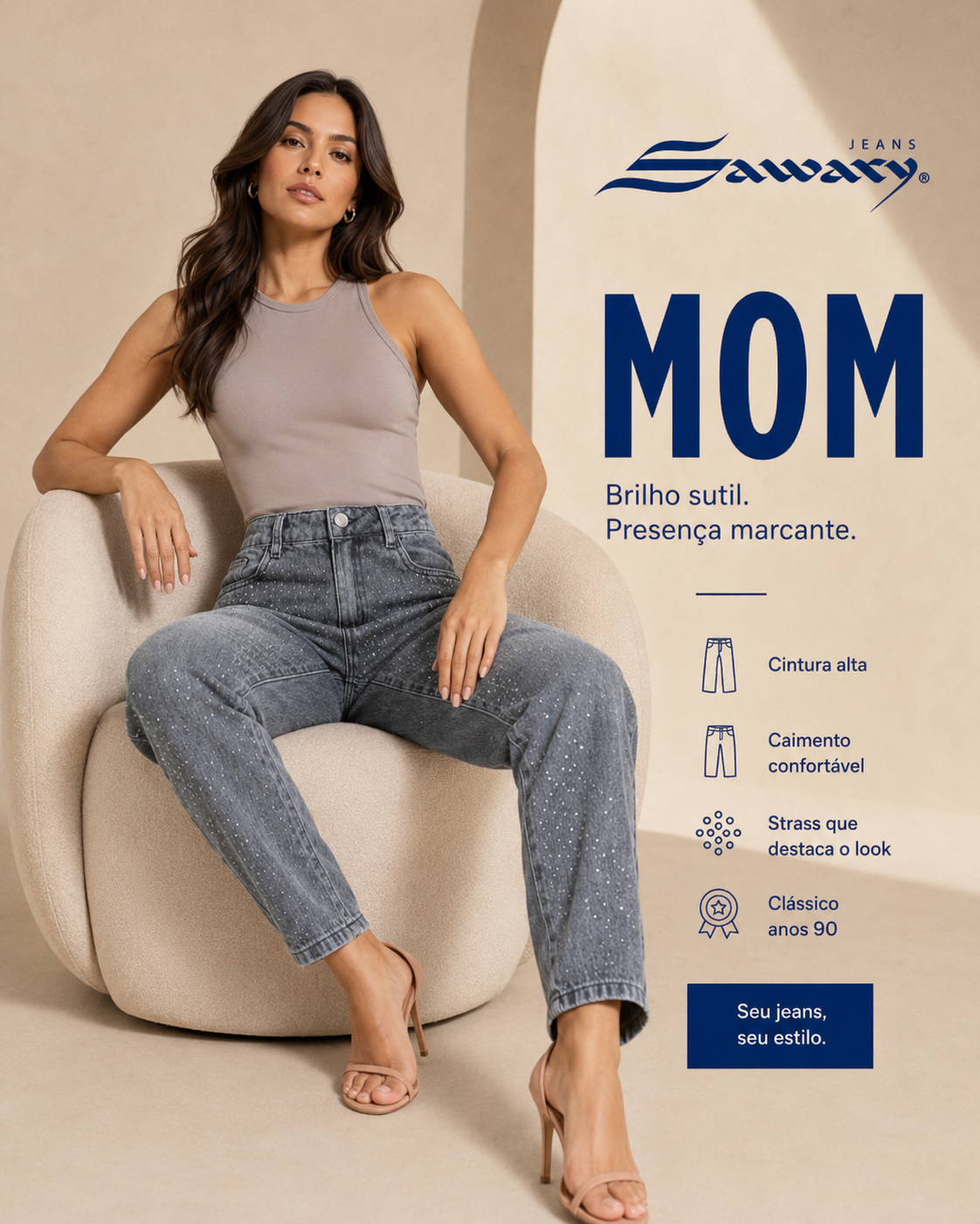 Calça Jeans Sawary Mom Brilho - 283423 (No Lycra)