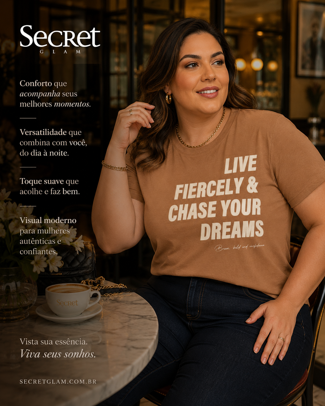 T-Shirt Feminina E Estampa Meia Malha Secret Glam S02123