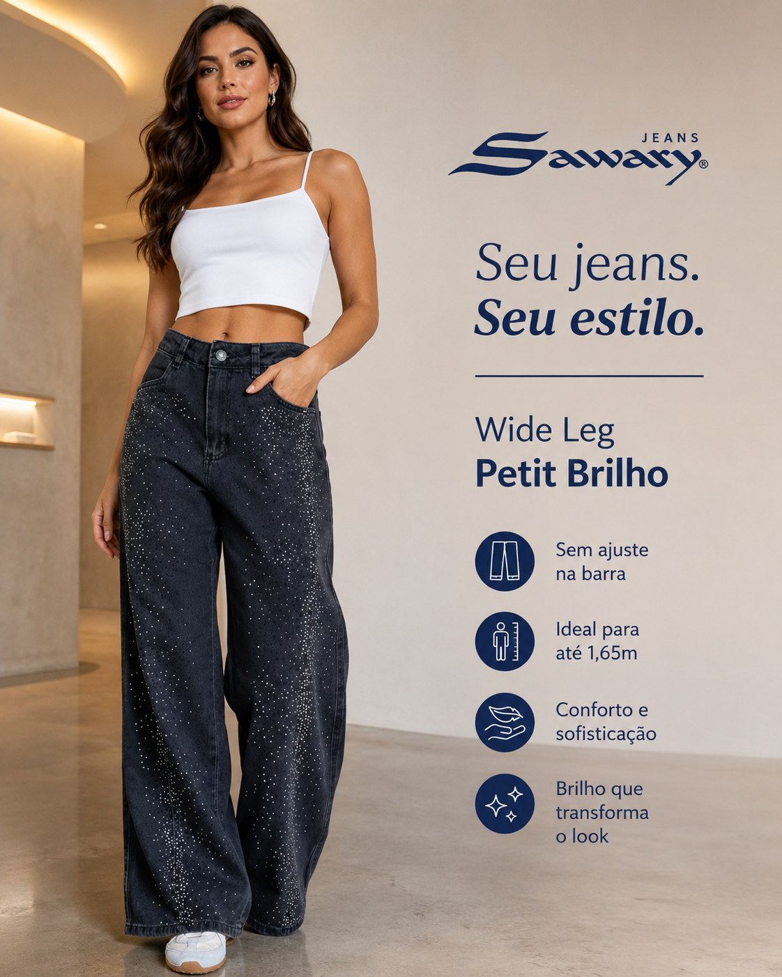 Calça Jeans Sawary Wide Leg Petit Brilho - 283313 (No Lycra)