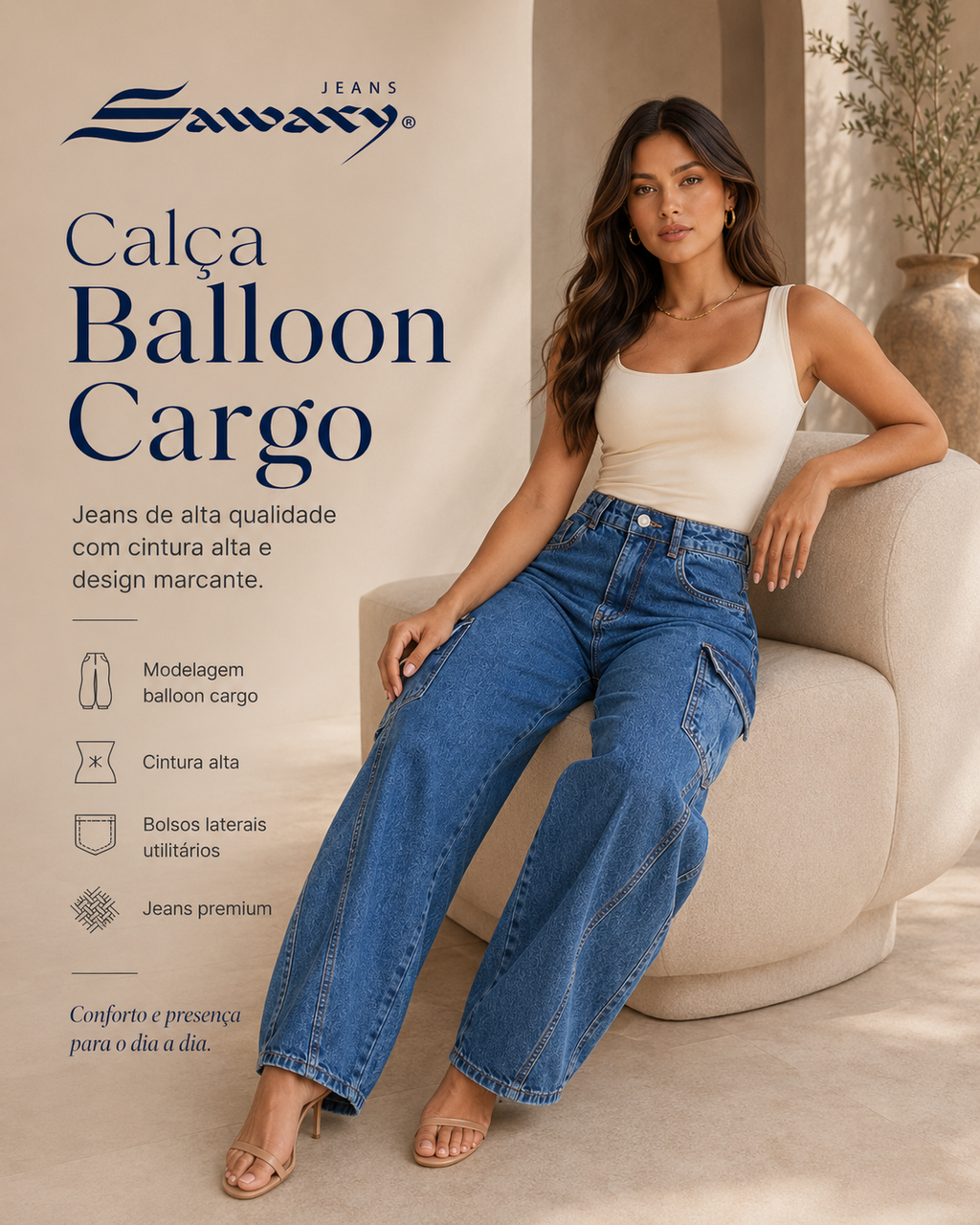 Calça Jeans Sawary Balloon Cargo - 283231 (No Lycra)