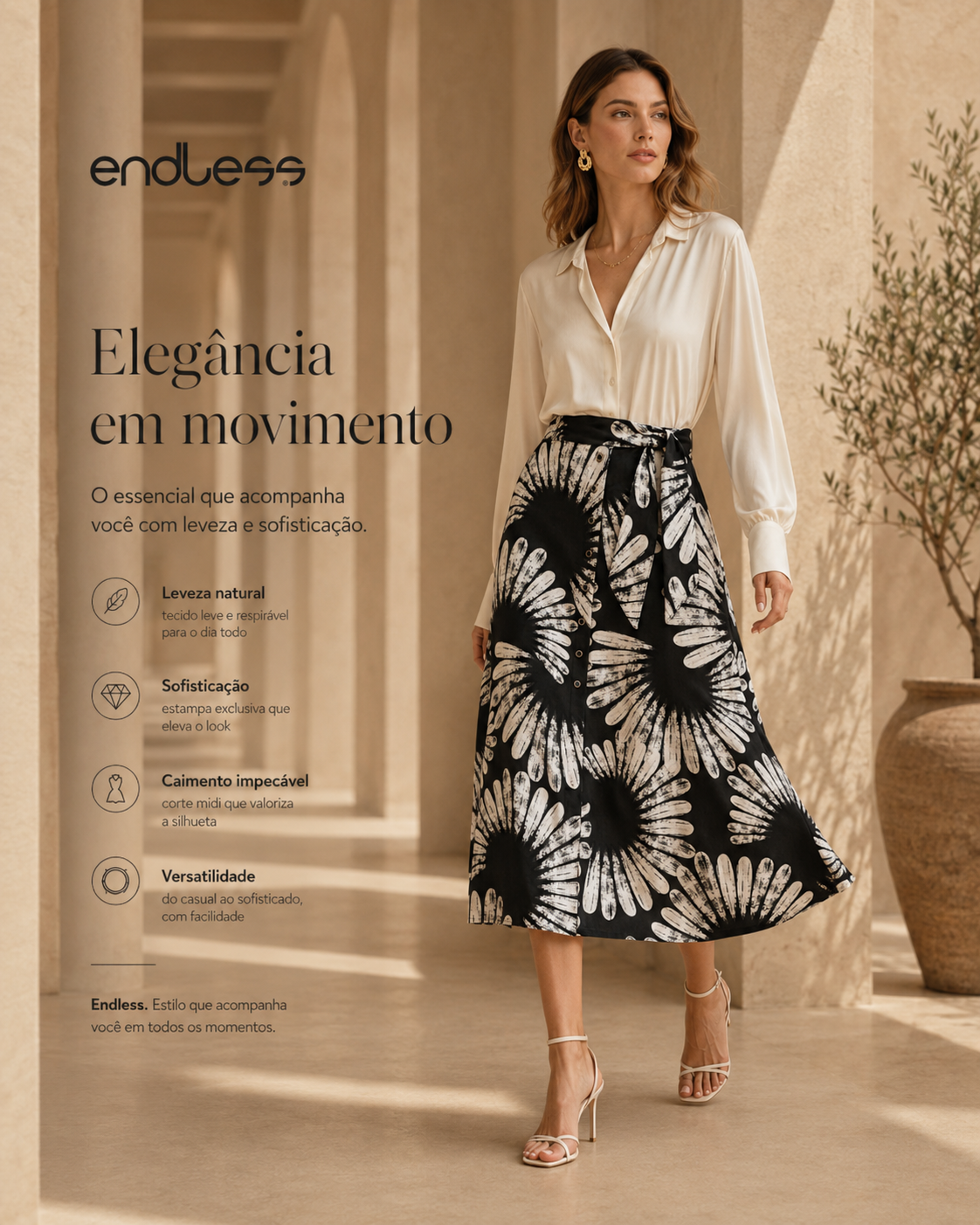 Saia Feminina Midi Evasê Linho Estampada Endless E16040