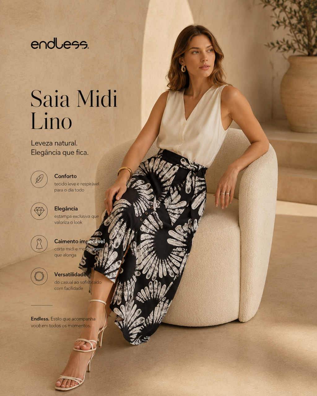Saia Feminina Midi Evasê Linho Estampada Endless E16040