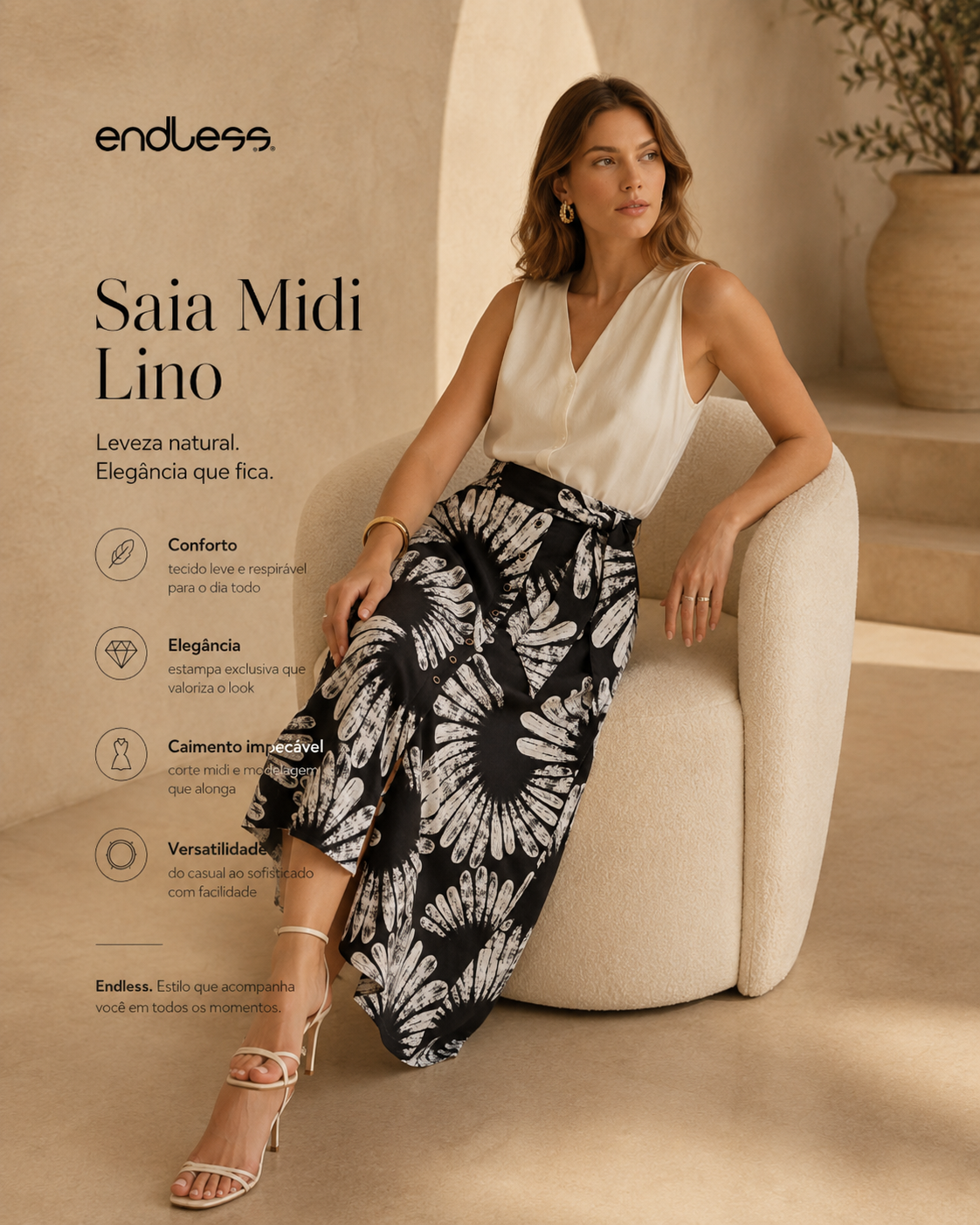 Saia Feminina Midi Evasê Linho Estampada Endless E16040