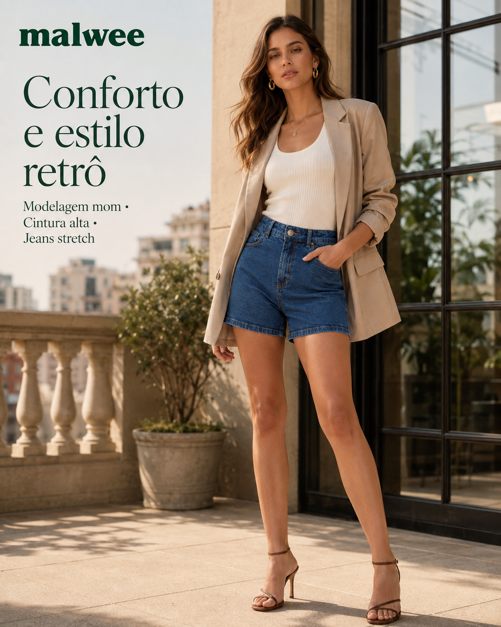 Shorts Feminino Mom Cintura Alta Bolso Funcional Em Jeans Stretch - ENFIM 1000129793