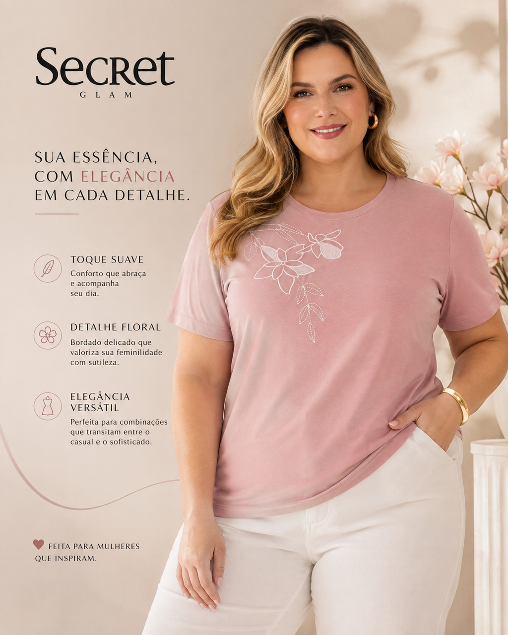 Blusa Feminina Manga Curta Com Bordado Secret Glam Rosa
