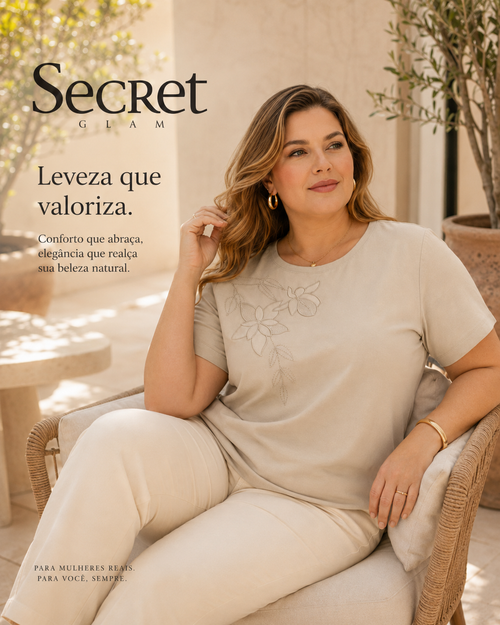 Blusa Feminina Manga Curta Com Bordado Secret Glam Bege