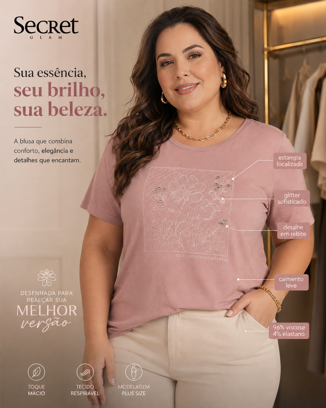 Blusa Feminina Manga Curta Com Estampa Secret Glam S02136
