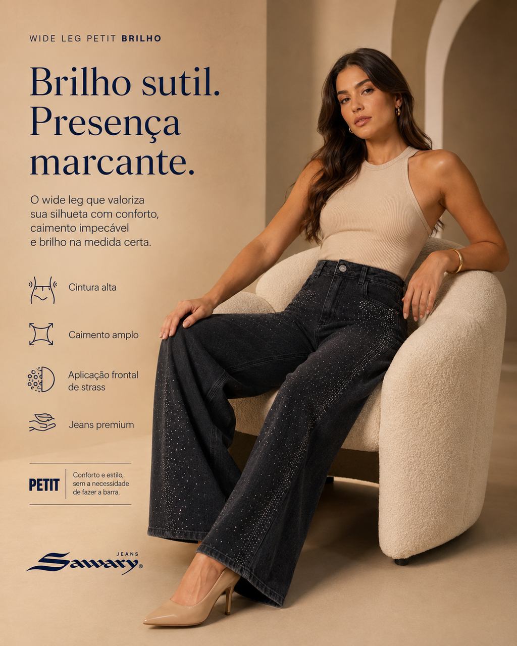 Calça Jeans Sawary Wide Leg Petit Brilho - 283313 (No Lycra)