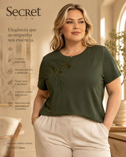 Blusa Feminina Manga Curta Com Bordado Secret Glam Verde