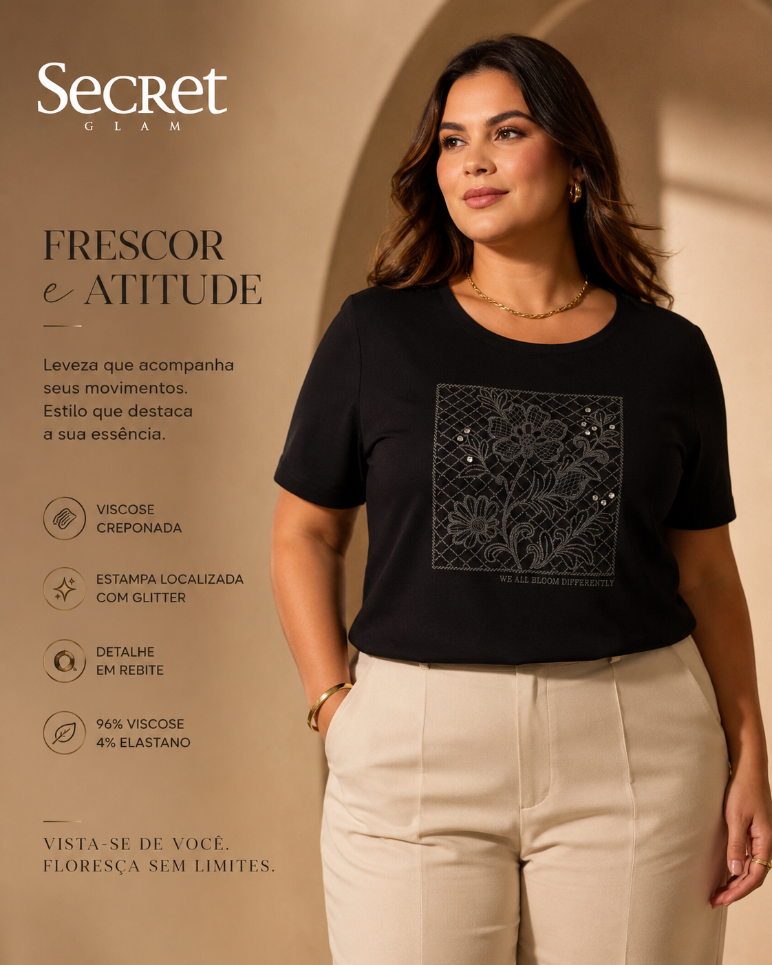 Blusa Feminina Manga Curta Com Estampa Secret Glam S02136