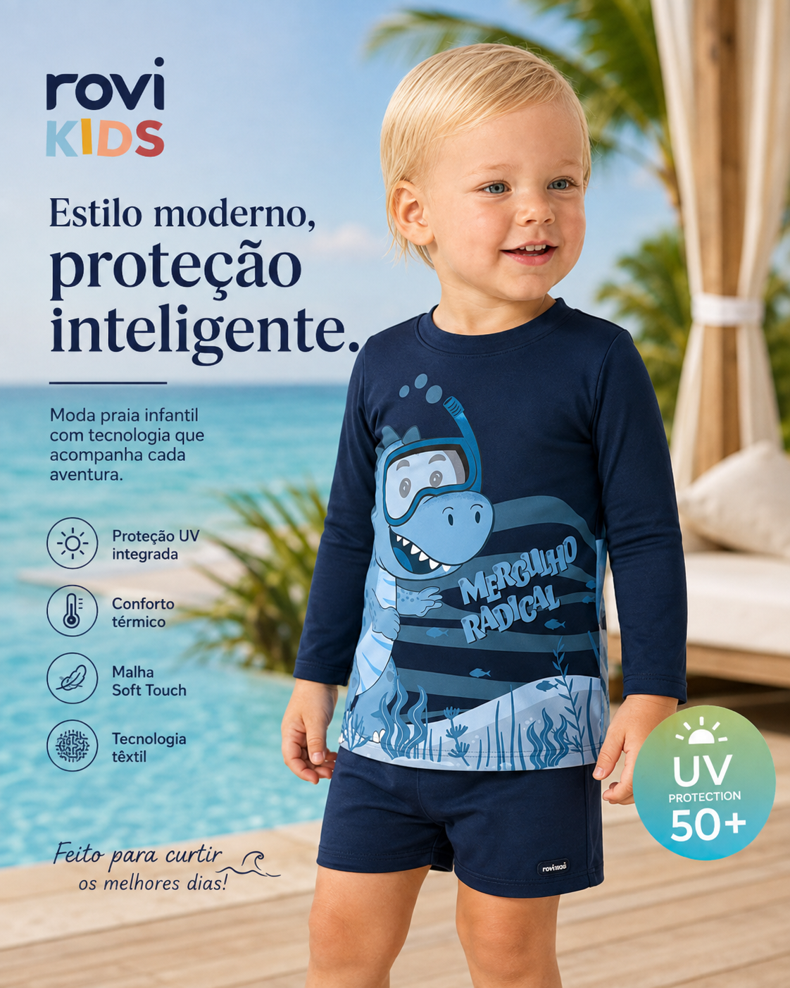 Conjunto Camiseta Manga Longa E Sunga UV Rovi Kids