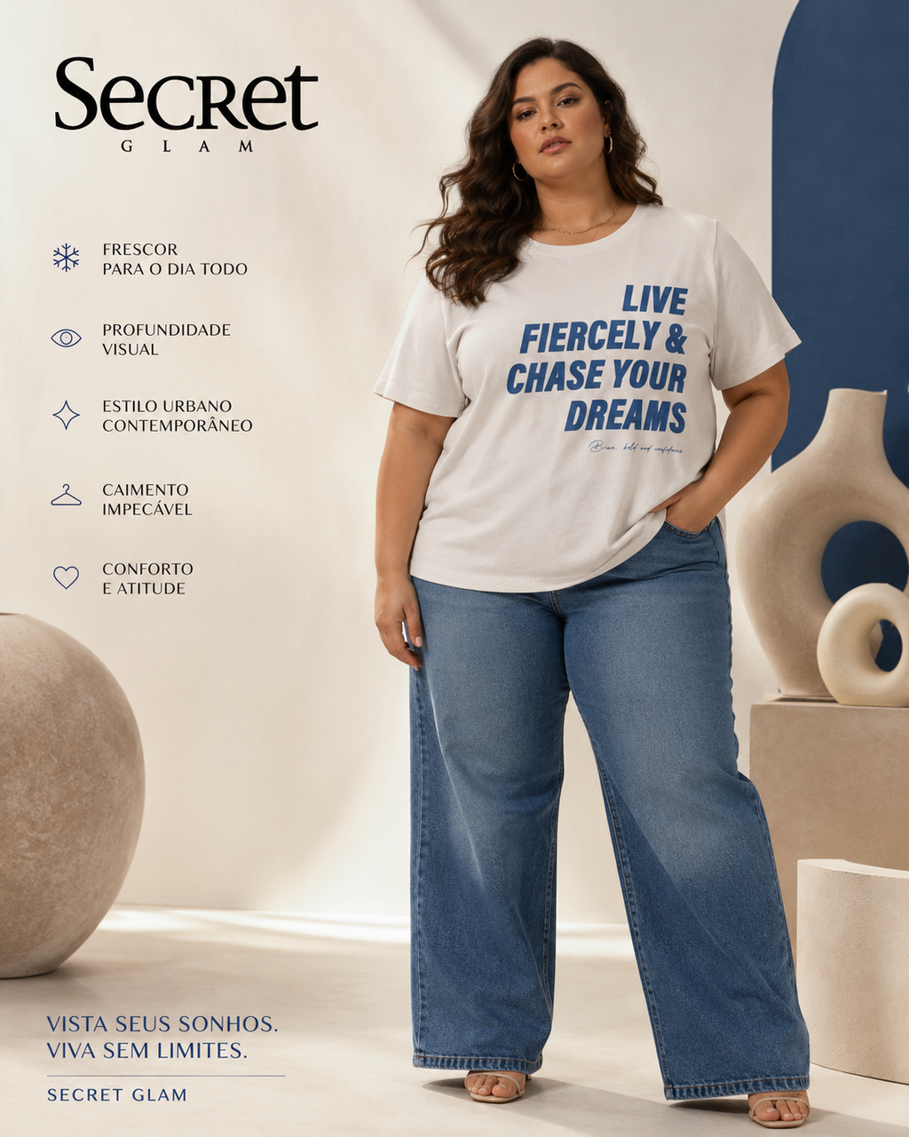 T-Shirt Feminina E Estampa Meia Malha Secret Glam S02123