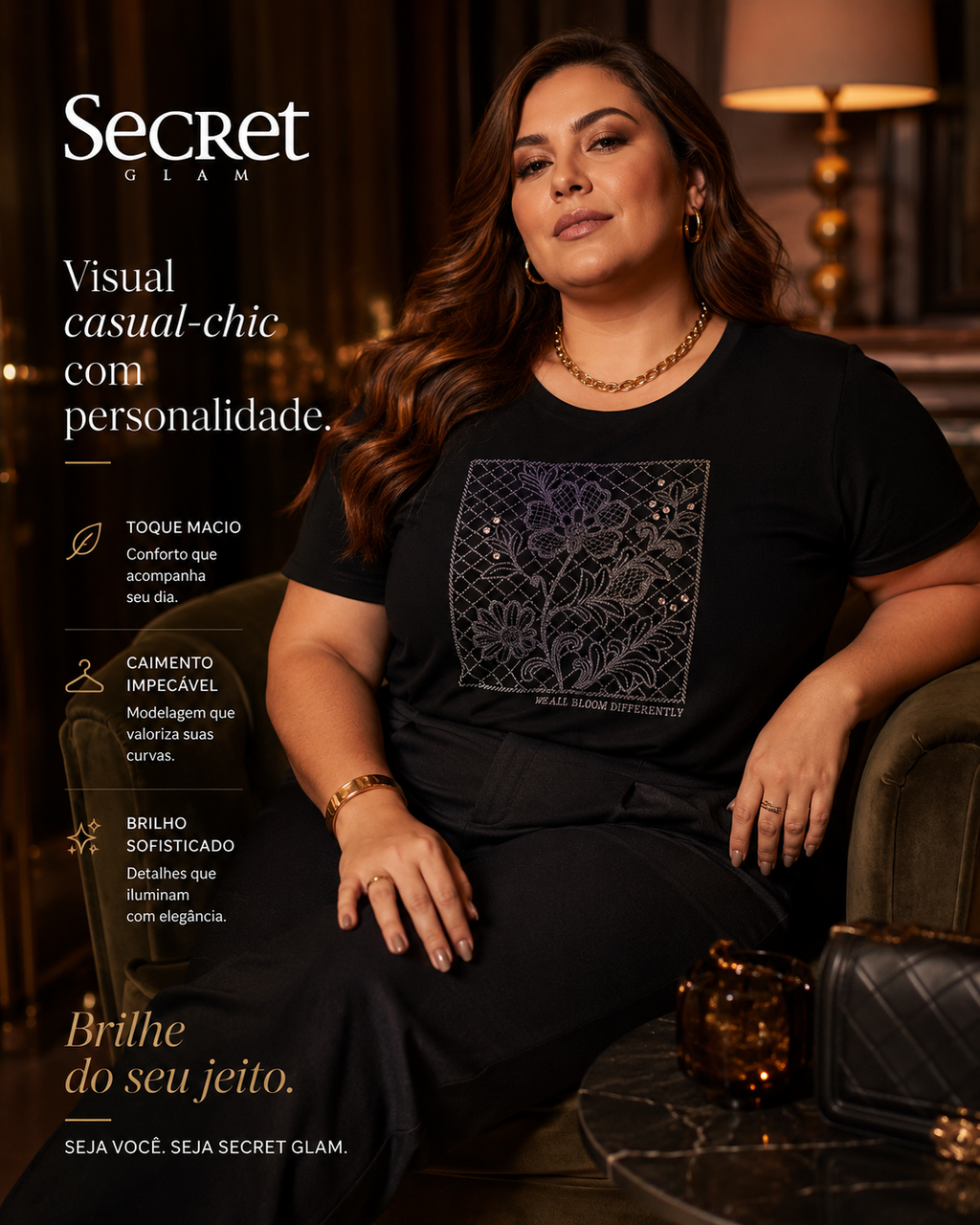 Blusa Feminina Manga Curta Com Estampa Secret Glam S02136