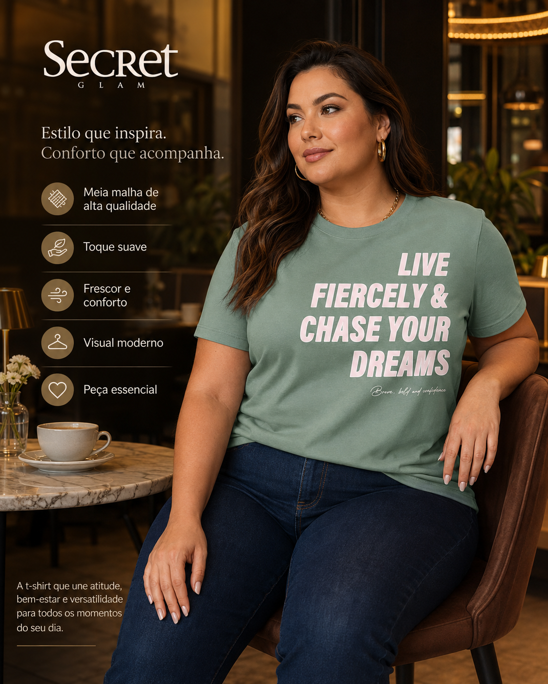 T-Shirt Feminina E Estampa Meia Malha Secret Glam S02123
