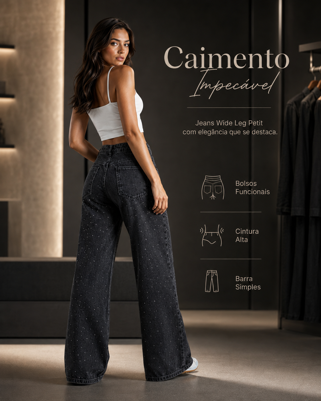 Calça Jeans Sawary Wide Leg Petit Brilho - 283313 (No Lycra)