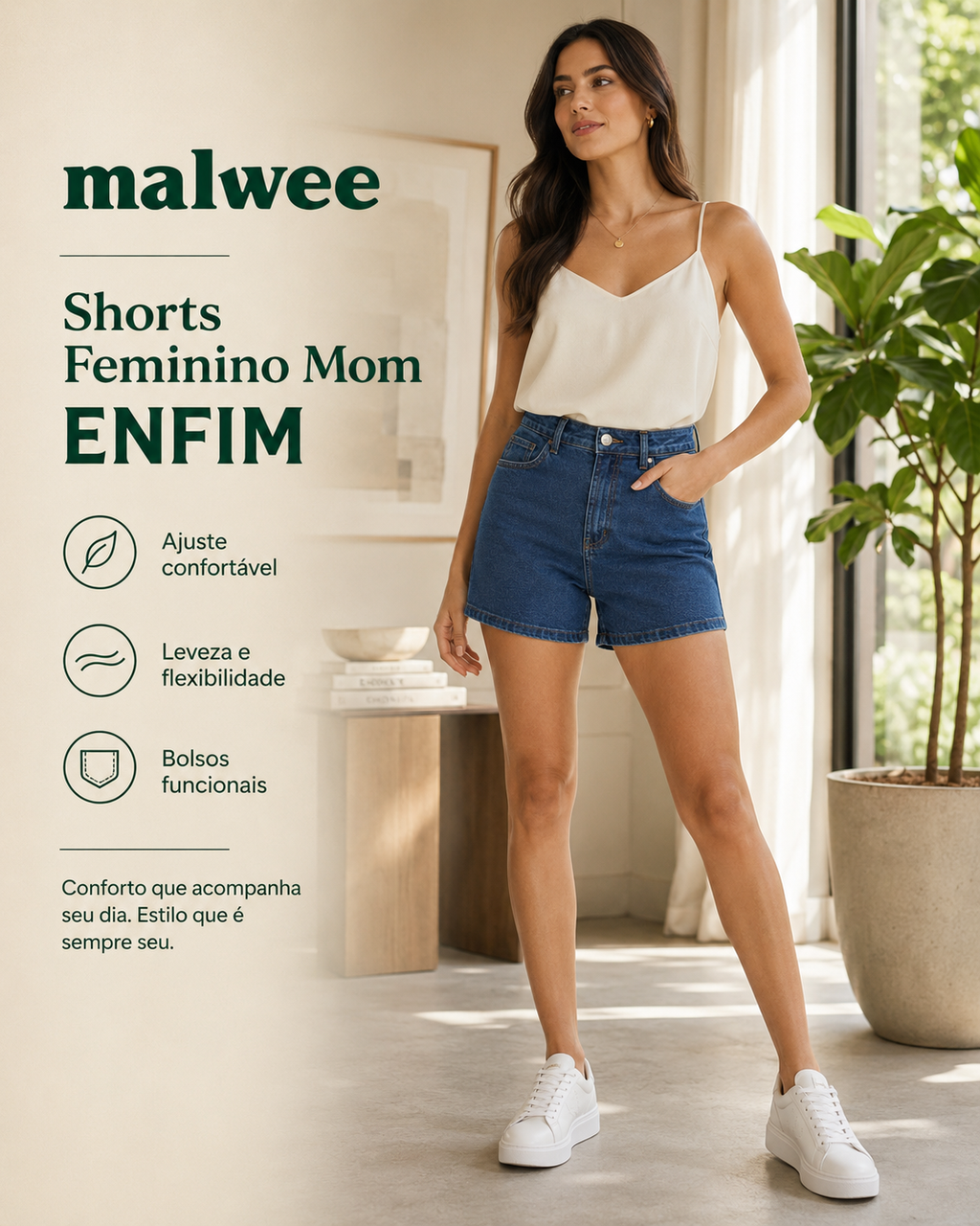Shorts Feminino Mom Cintura Alta Bolso Funcional Em Jeans Stretch - ENFIM 1000129793