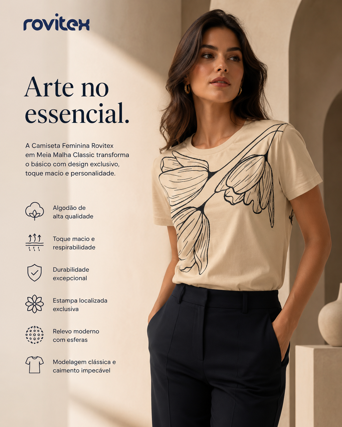 Camiseta Feminina Meia Malha Com Estampa Rovitex 6177635