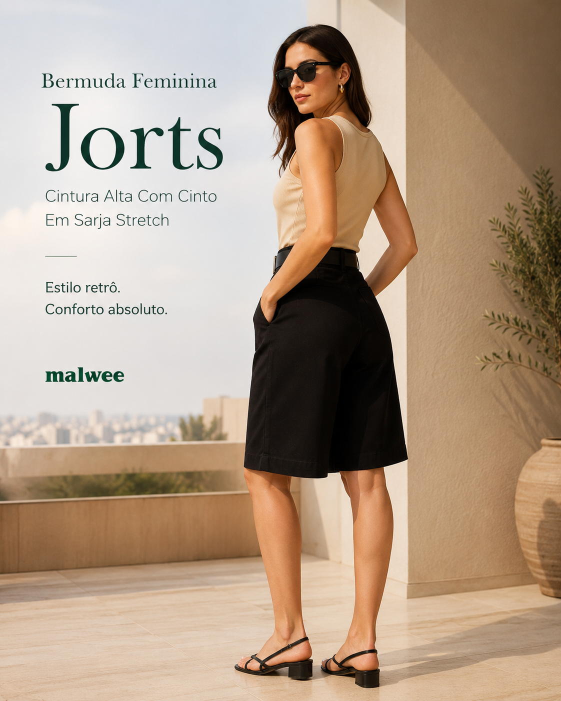Bermuda Feminina Jorts Cintura Alta Com Cinto Em Sarja Stretch 1000140439