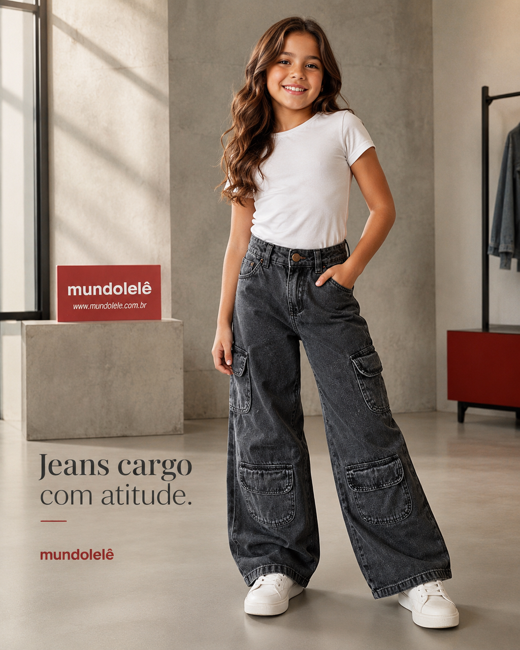 Pantalón Jean Cargo Wide Leg Infantil