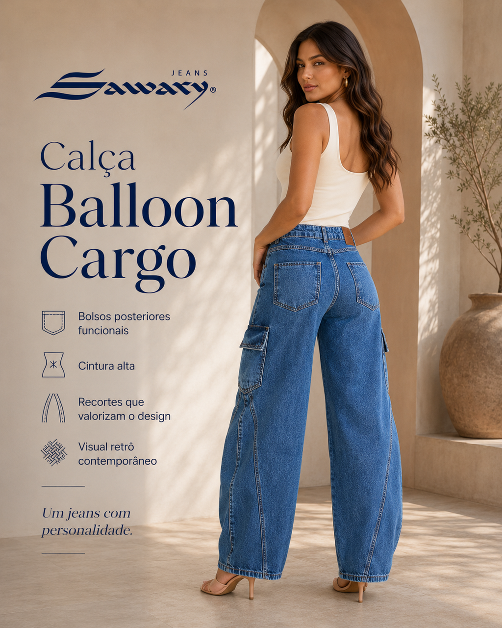 Calça Jeans Sawary Balloon Cargo - 283231 (No Lycra)