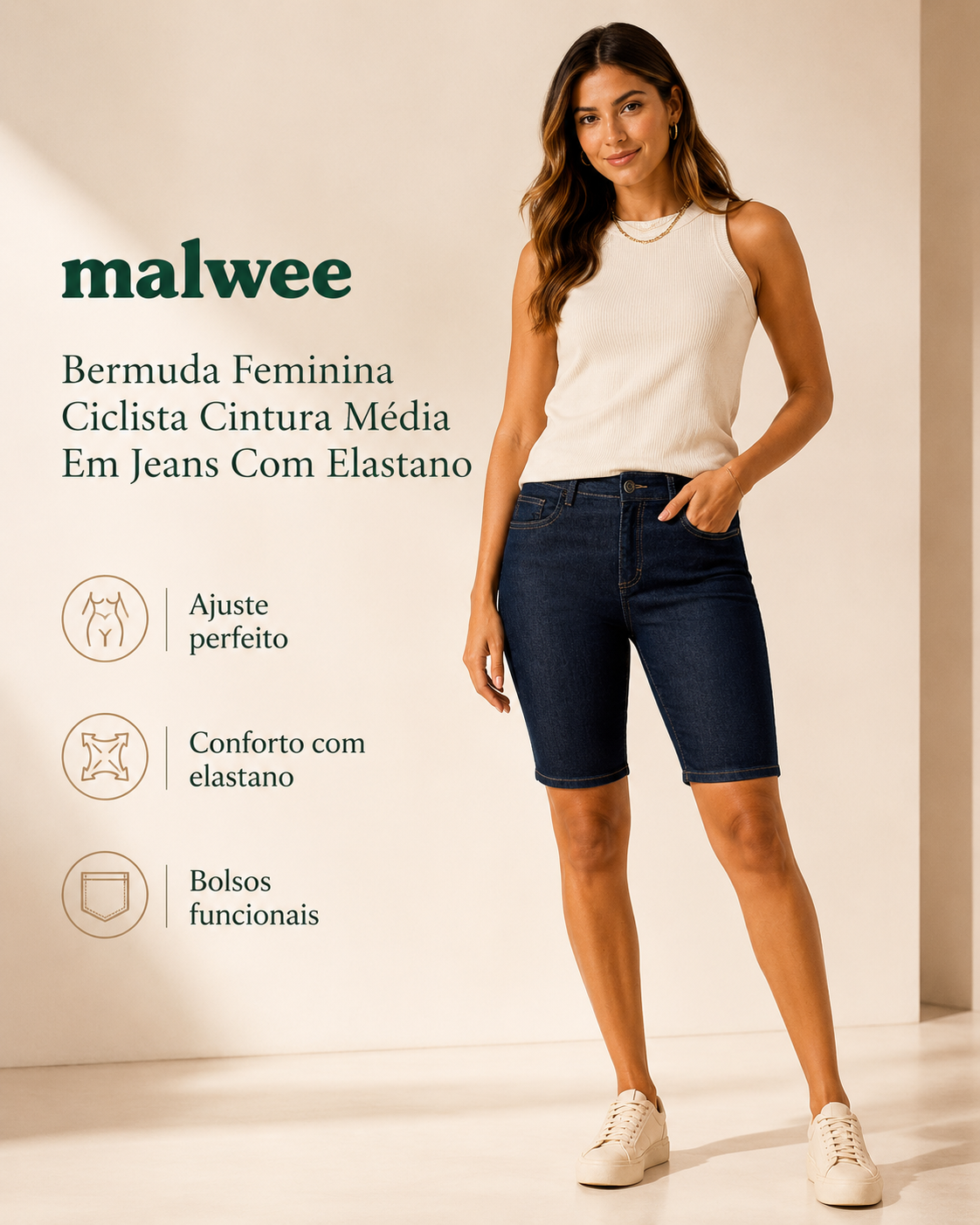 Bermuda Feminina Ciclista Cintura Média Em Jeans Com Elastano 1000125724
