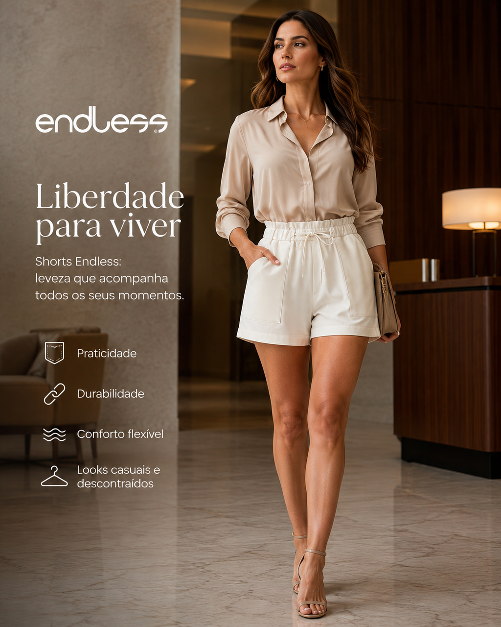 Shorts Feminino PU Sintético Endless Bege E15121