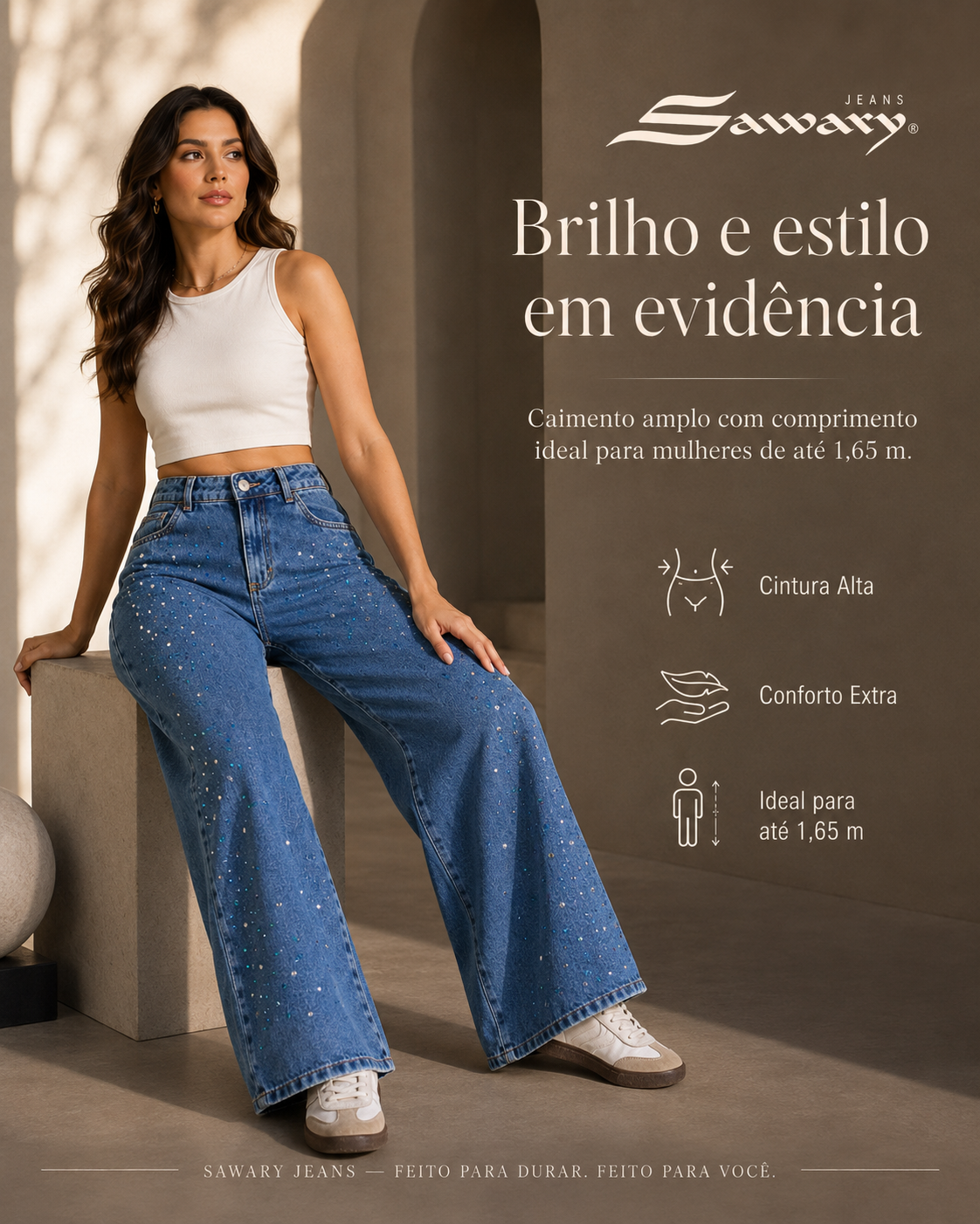 Calça Jeans Sawary Wide Leg Petit Brilho - 283723 (No Lycra)